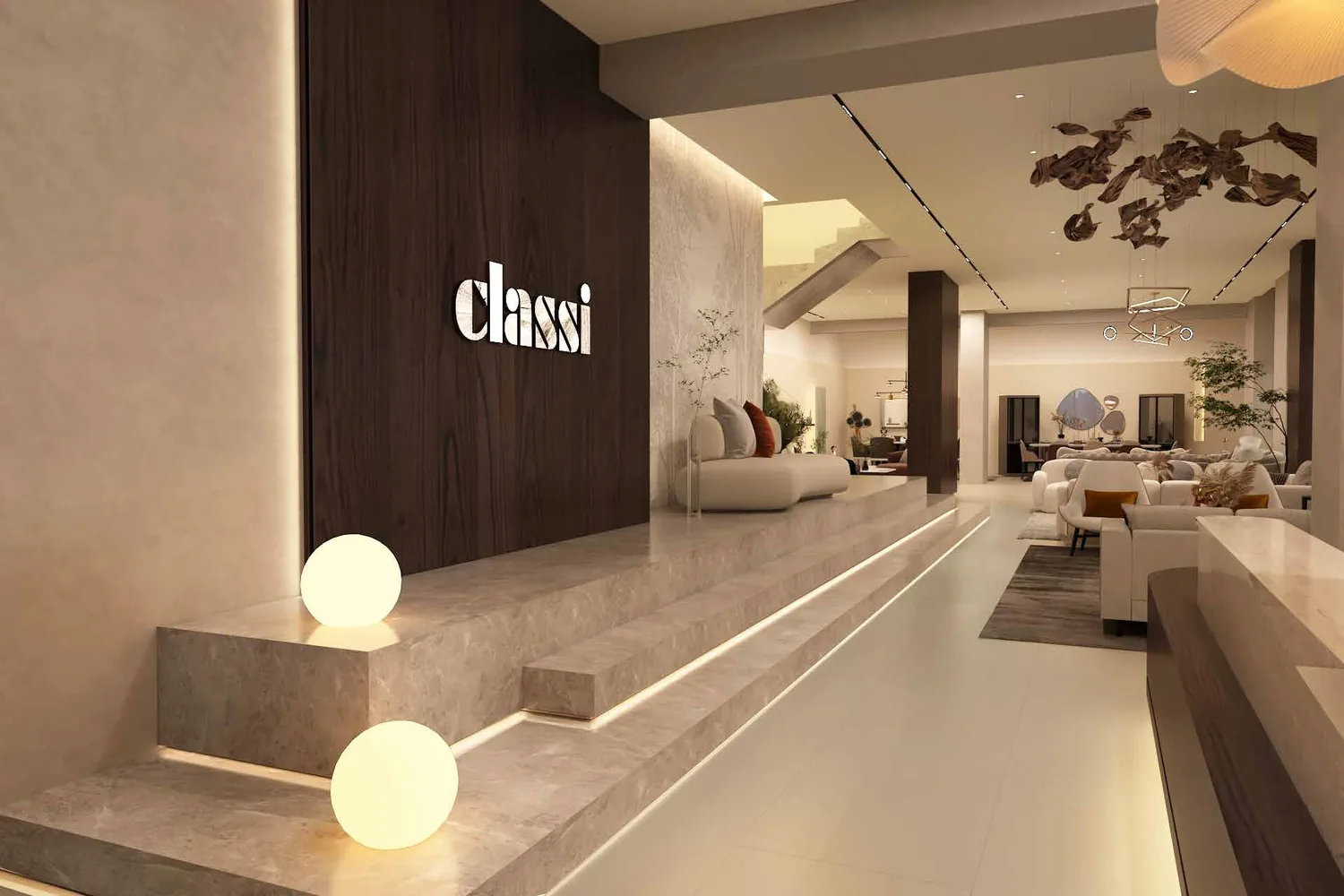 Showroom lounge render with sculptural lighting