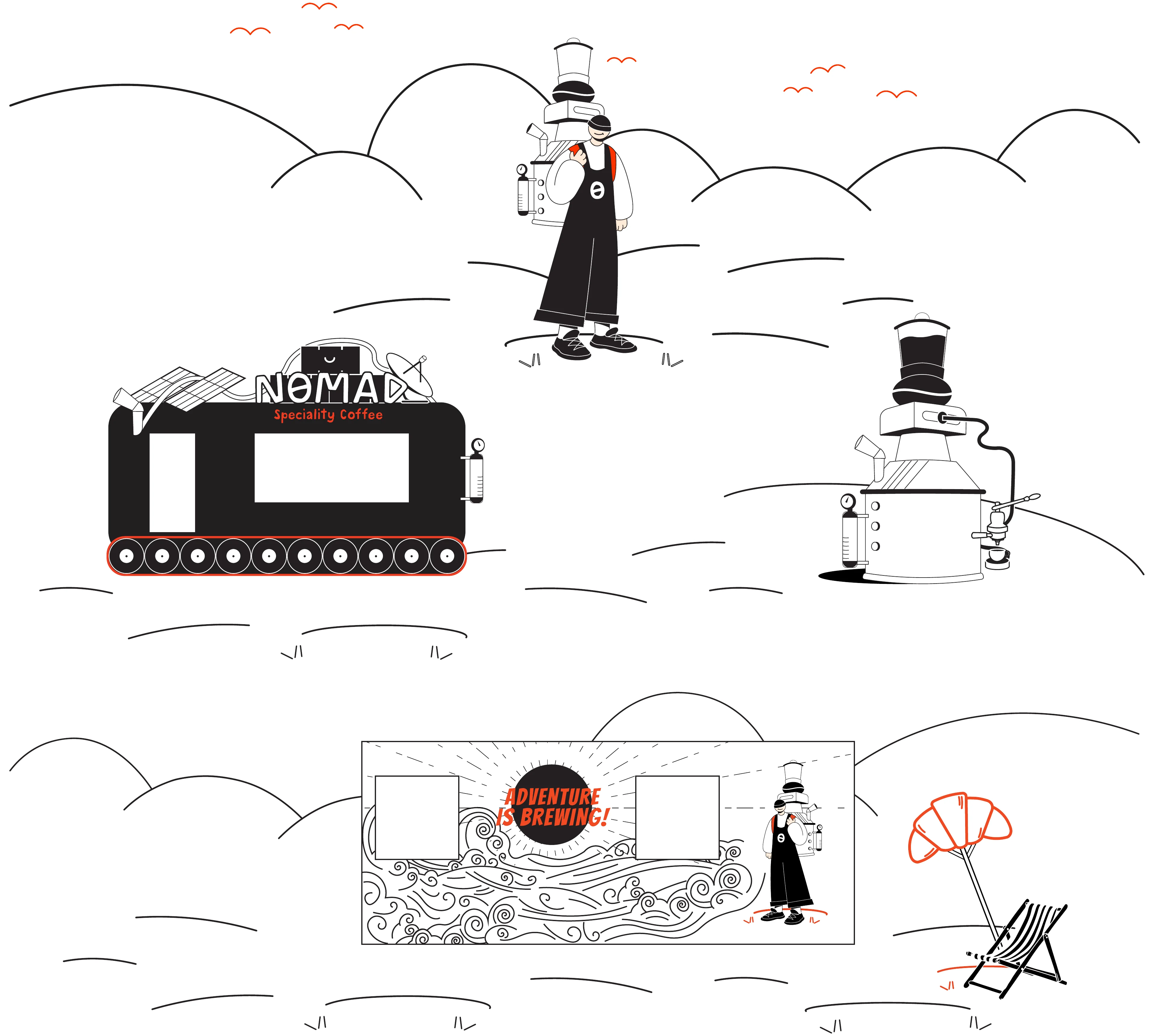 Illustrated world of the Nomad character, his coffee machine and open landscapes