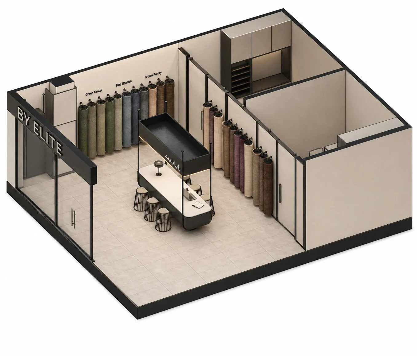 Isometric view of the Fabs by Elite retail interior