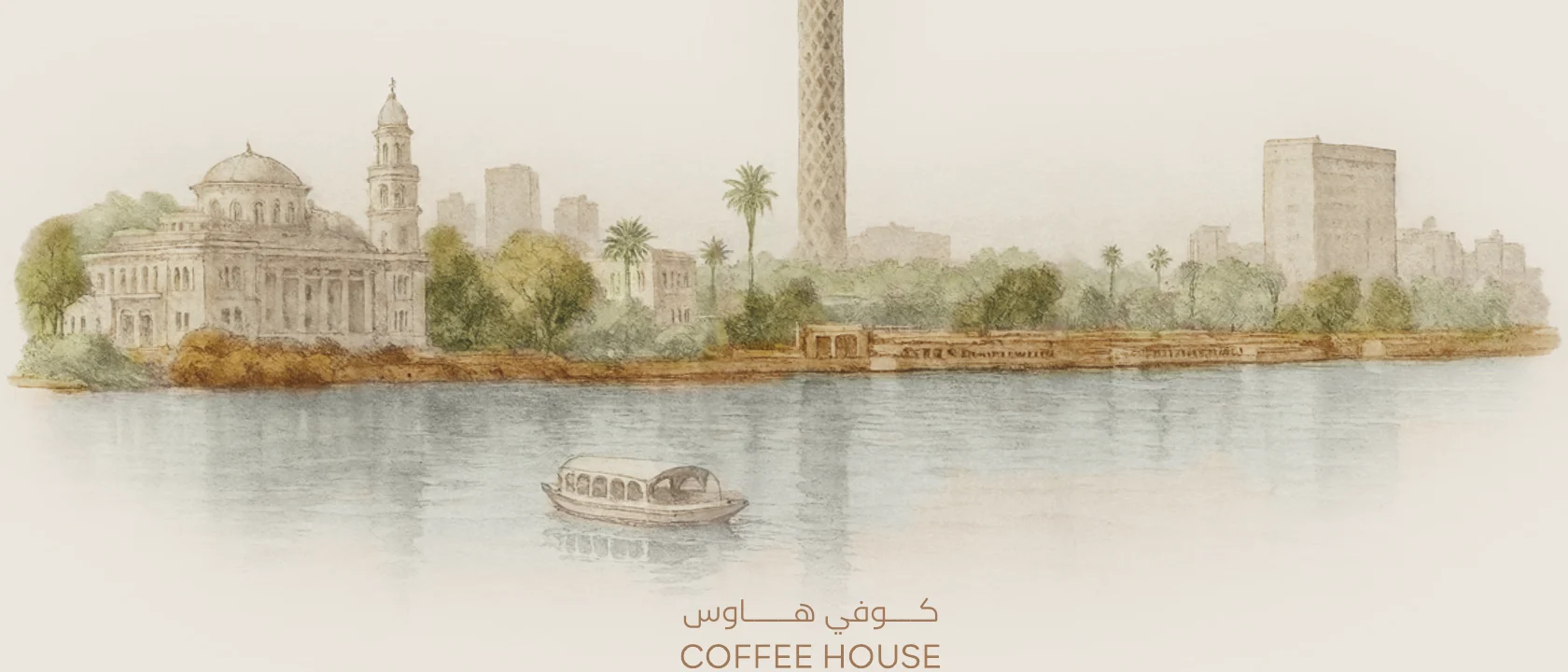 Illustrated Cairo skyline along the Nile with the Rayahen Coffee House lockup
