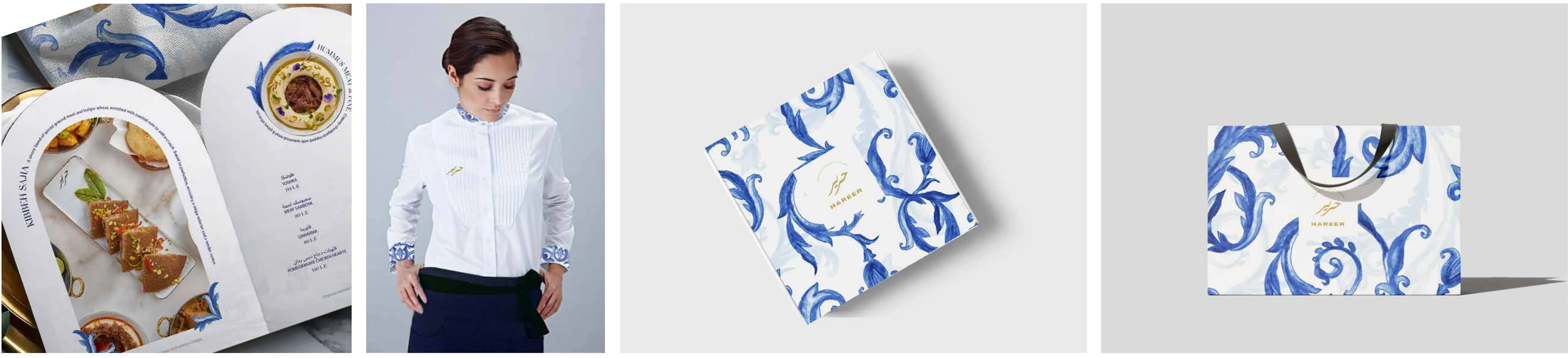 Hareer menus, uniform, patterned print and tote bag