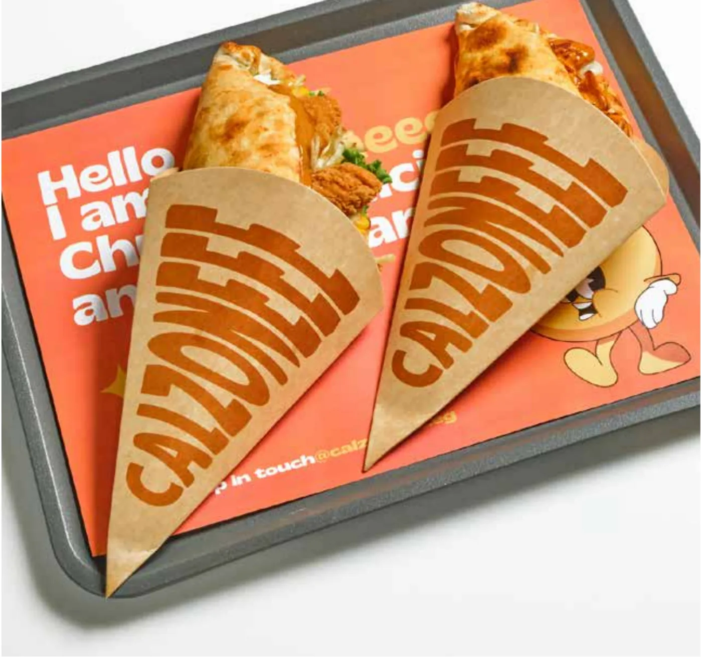 Paper cones of calzones on a branded tray