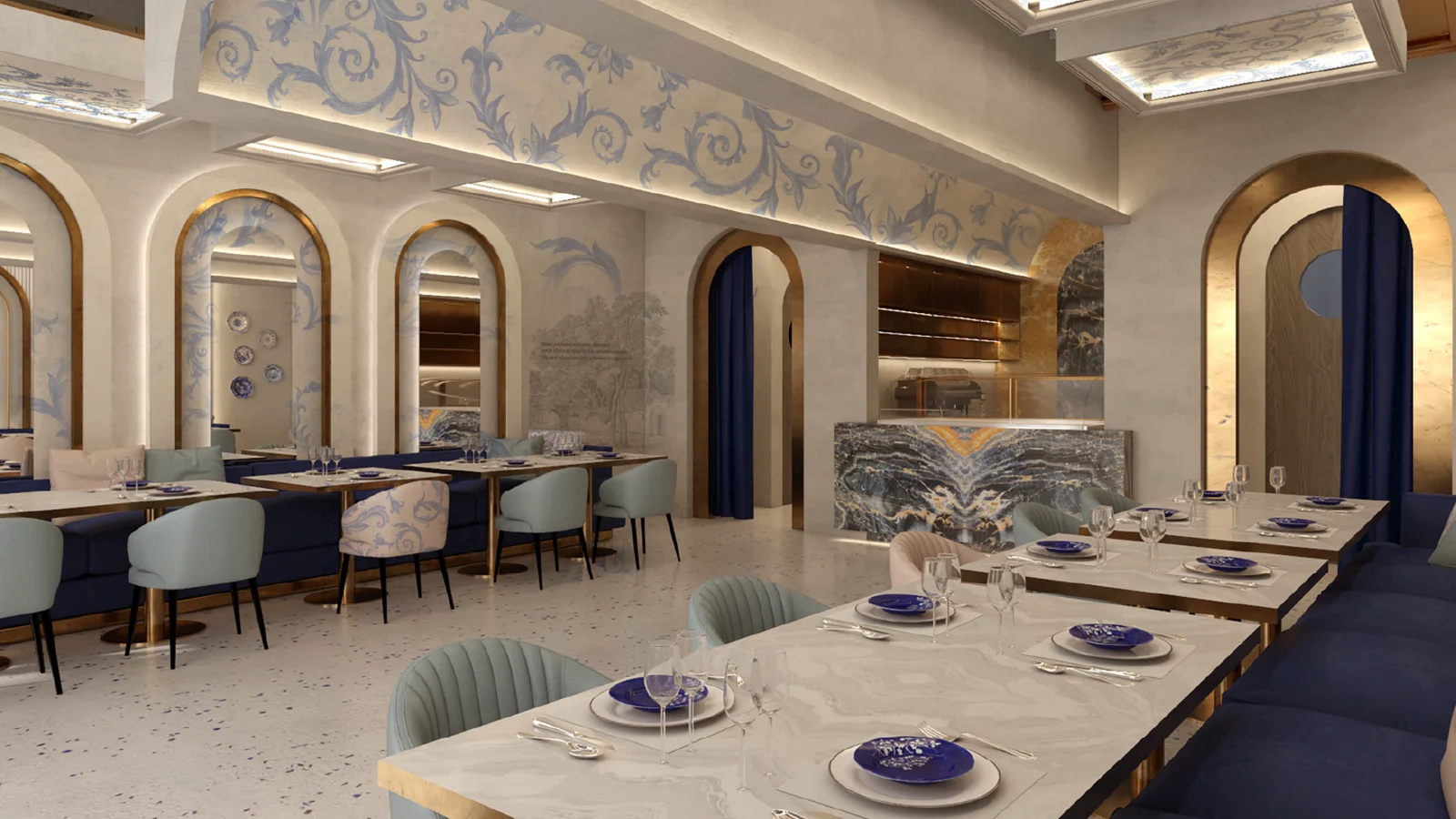 3D render of the Hareer dining hall with arched niches