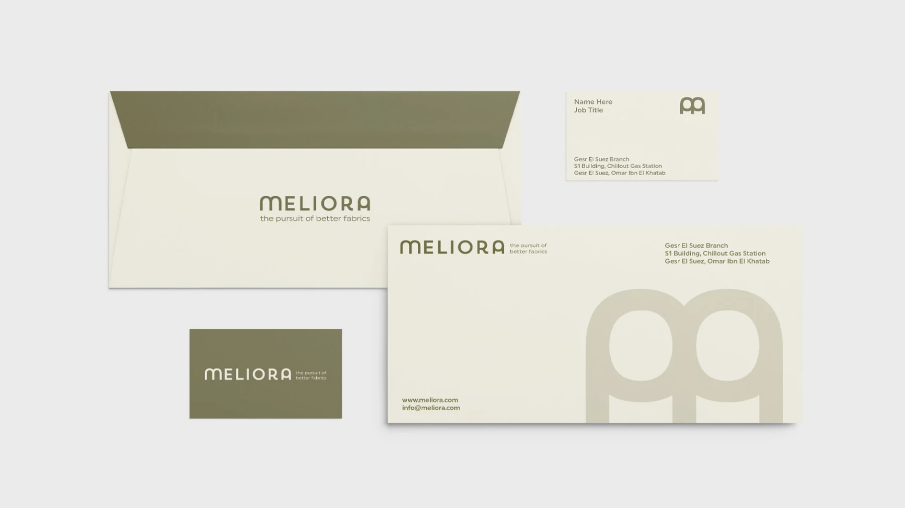 Meliora envelope, business cards and compliment slip