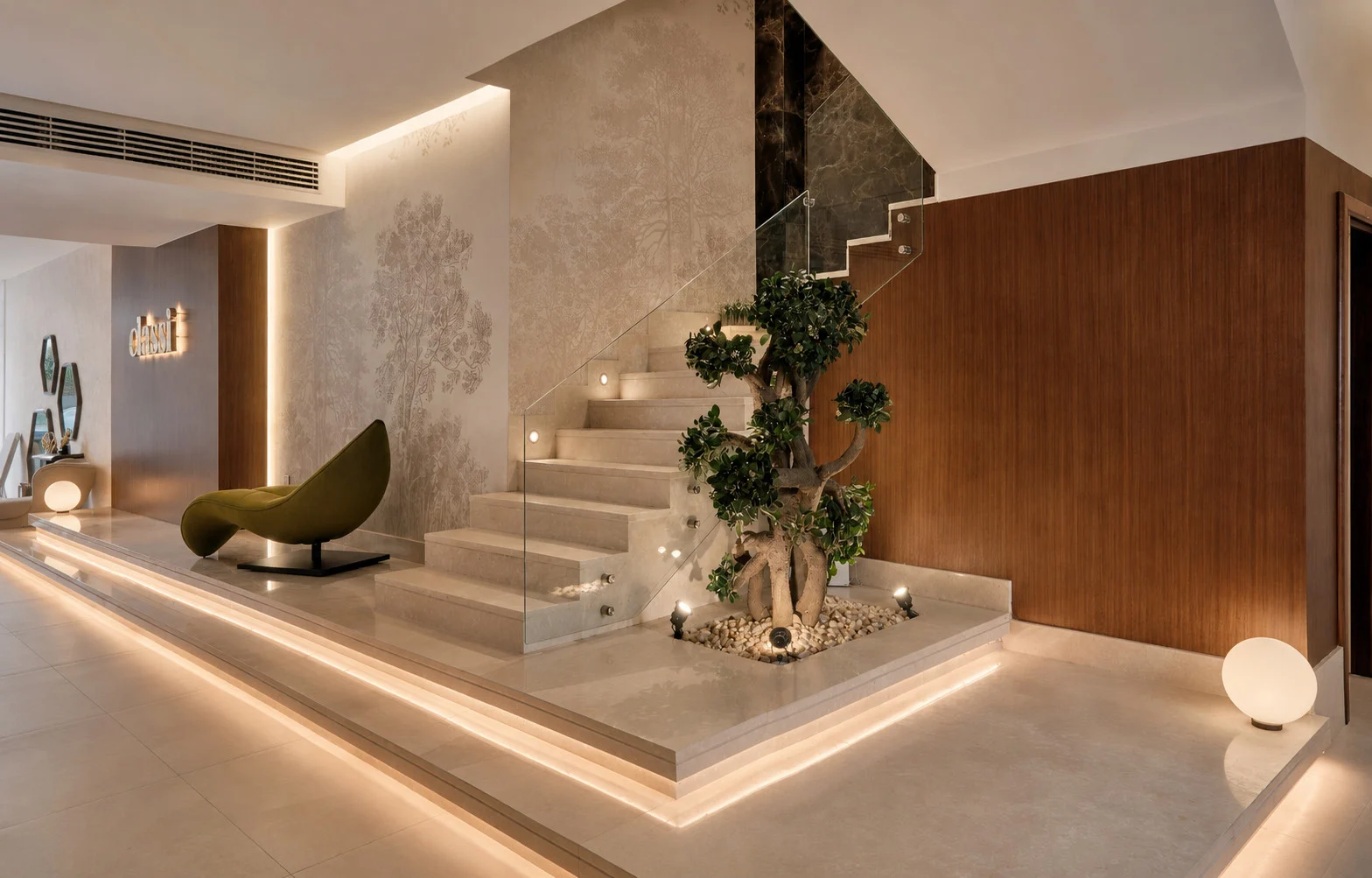 Staircase with planted feature and illuminated stone steps