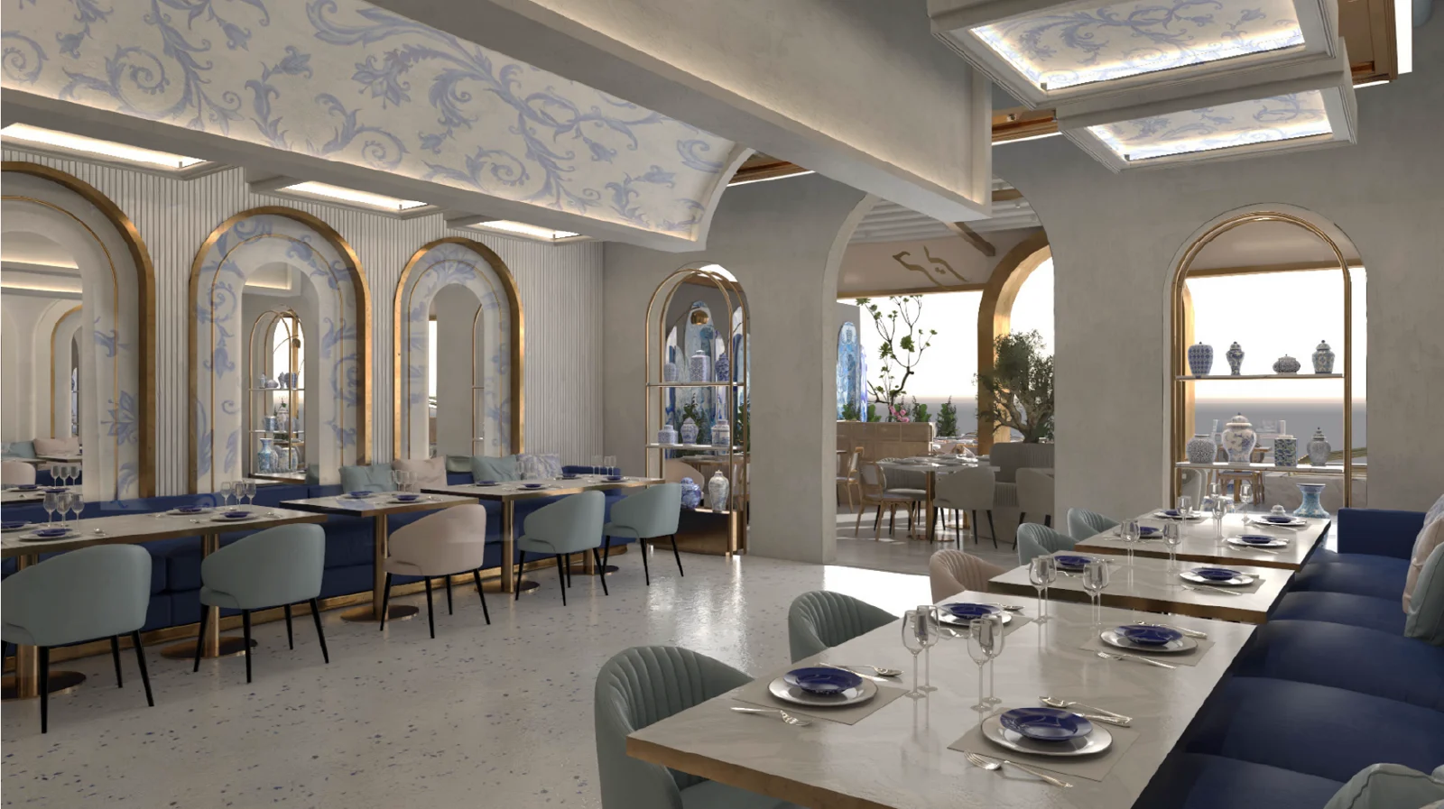 3D render of the Hareer terrace-facing dining area