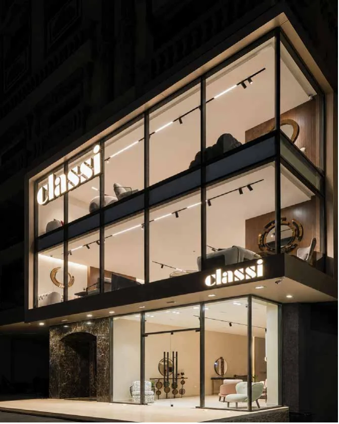 Corner view of the illuminated Classi façade