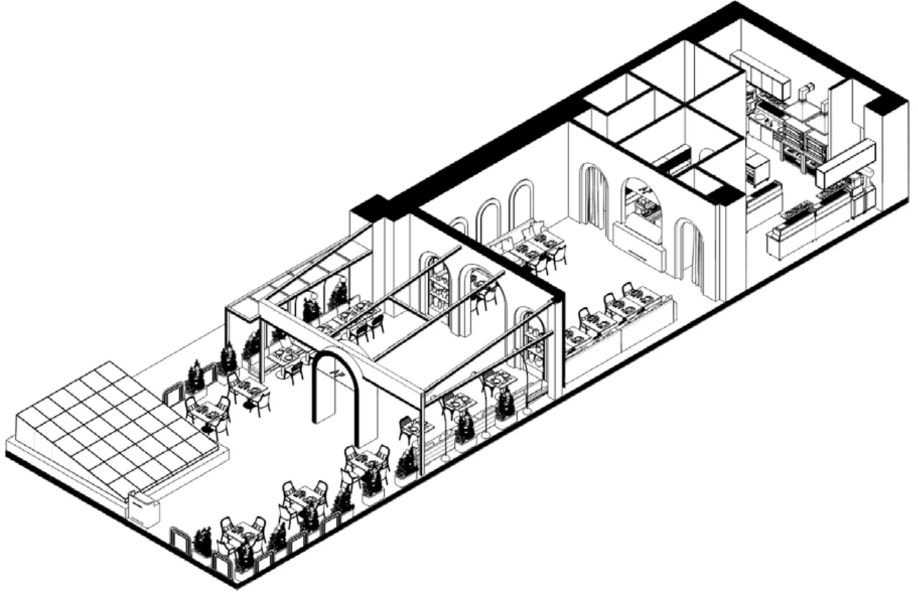 Isometric drawing of the Hareer restaurant layout