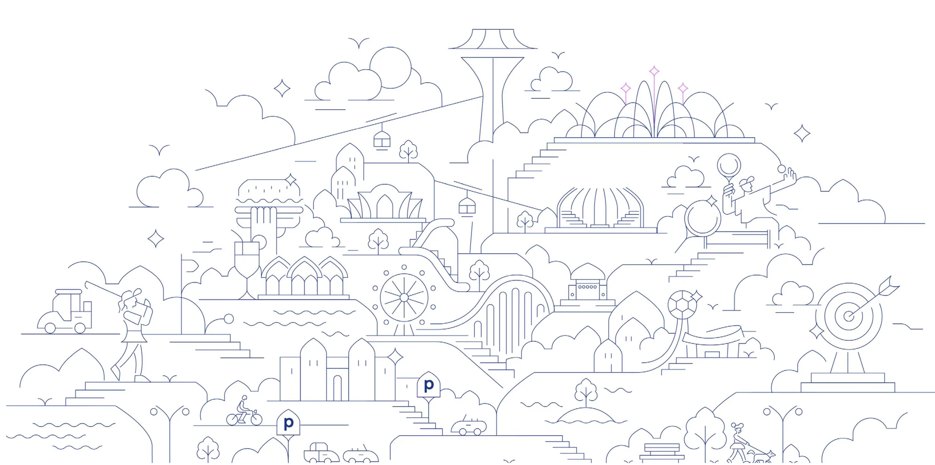 Line illustration of Baghdad Island's attractions, landscape and public life