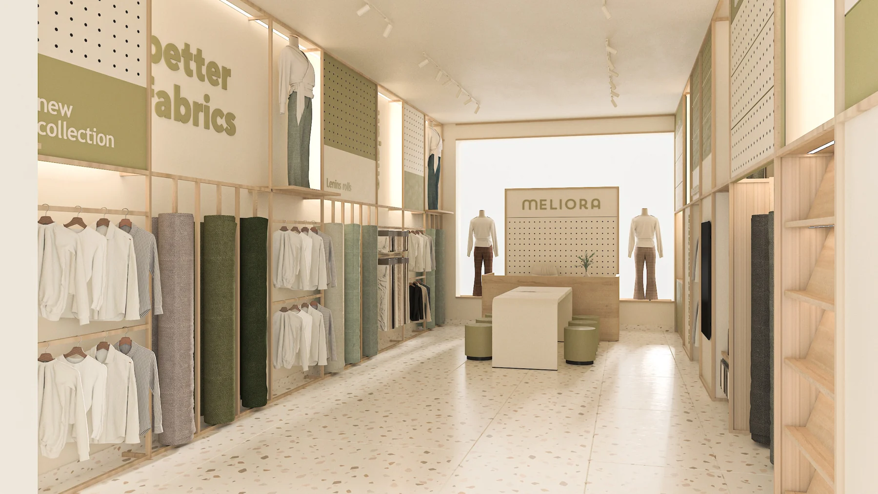 Meliora retail floor with fabric collections and seating