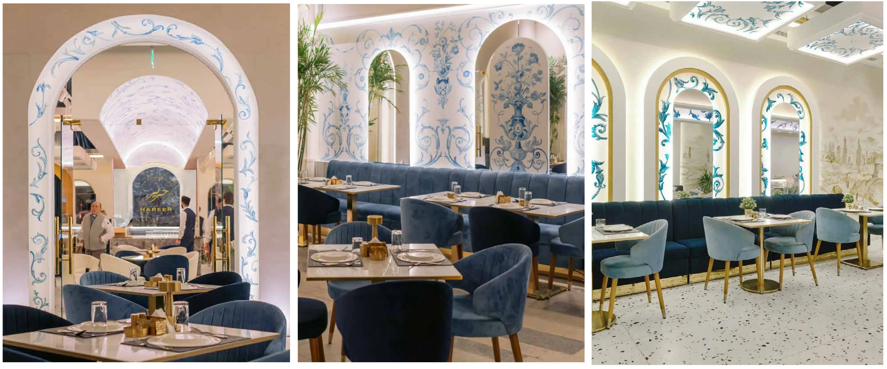Completed Hareer interiors: arches, banquettes and patterned niches