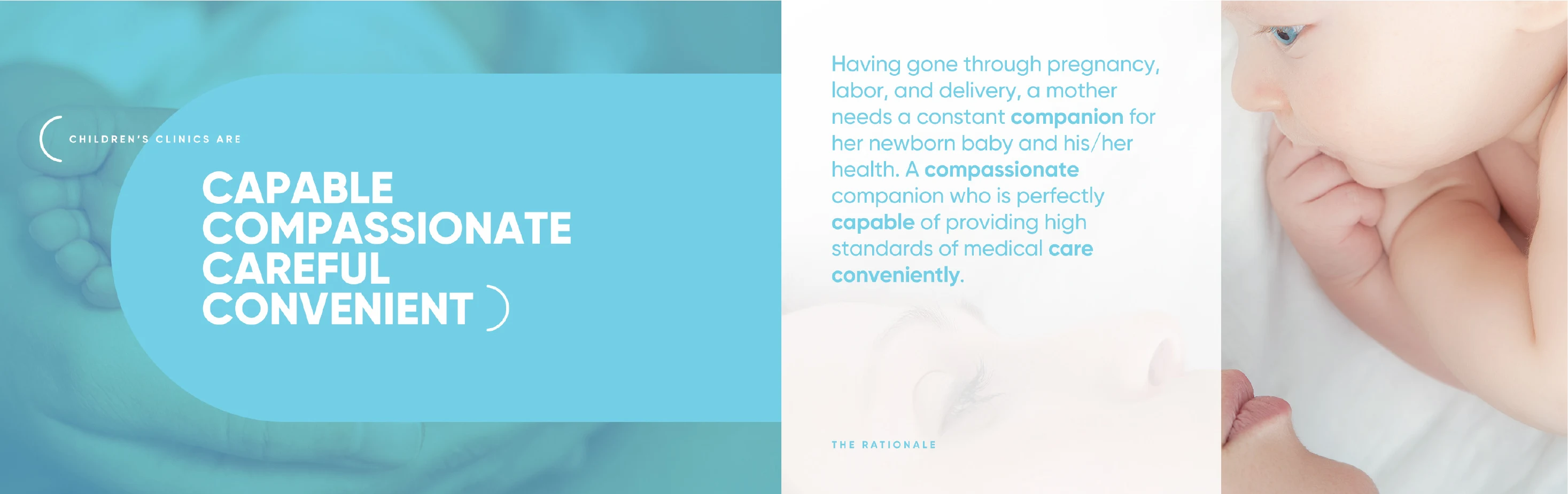 Brand rationale board — capable, compassionate, careful, convenient