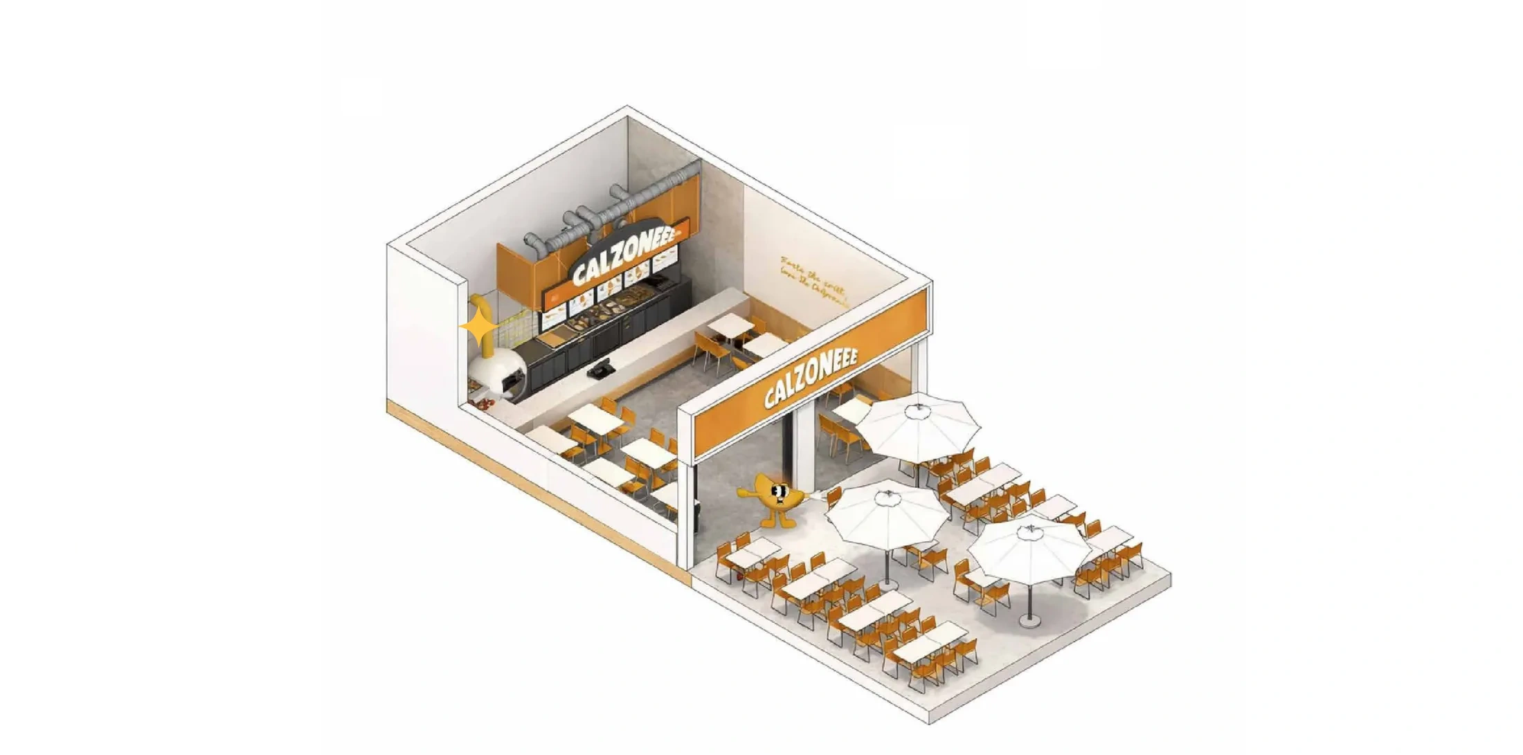 Isometric cutaway of the Calzoneee restaurant and its terrace