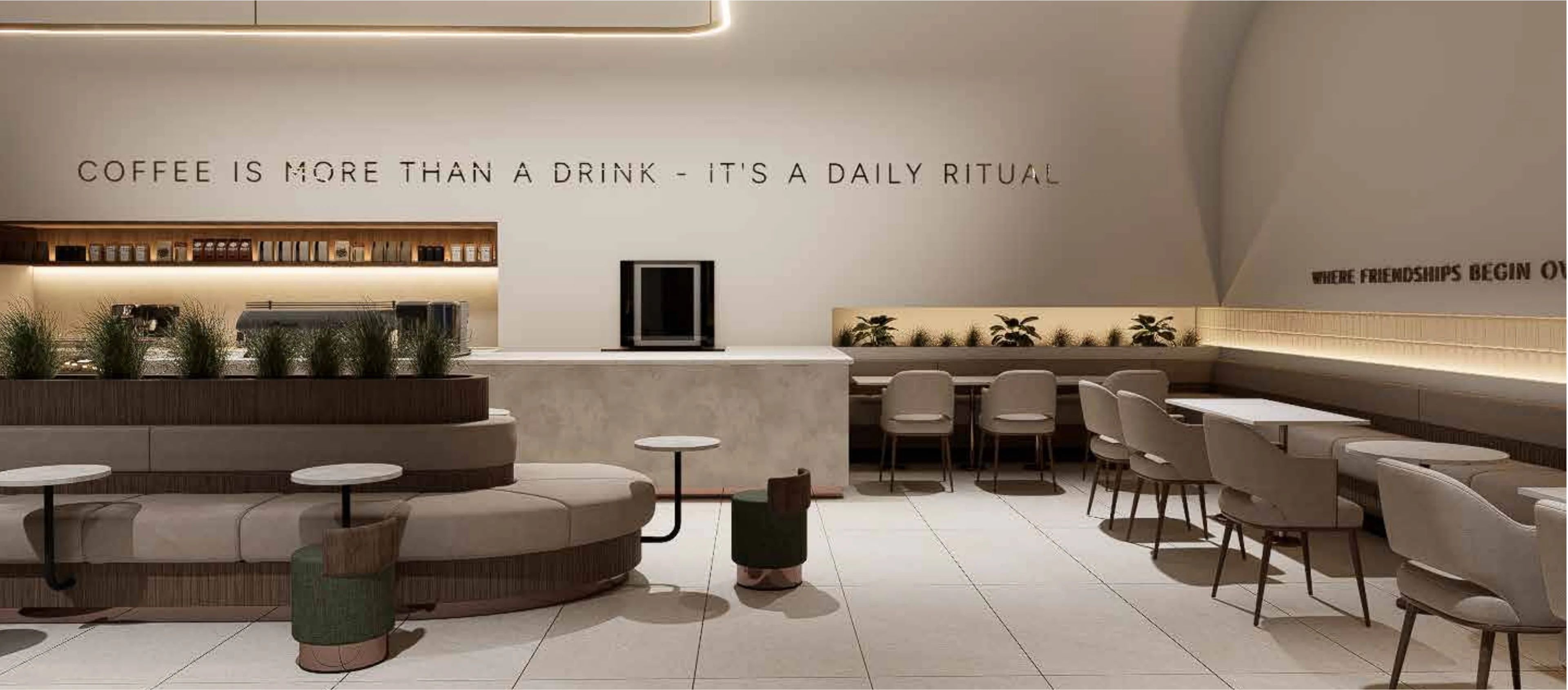 Rayahen Coffee House interior with curved seating and a long counter