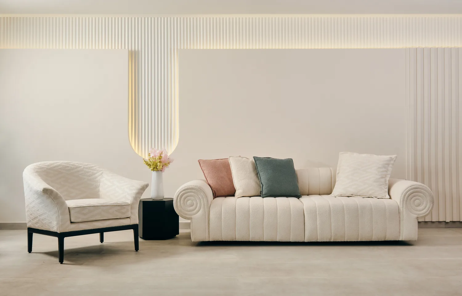 Cream sofa and armchair set in the Classi showroom