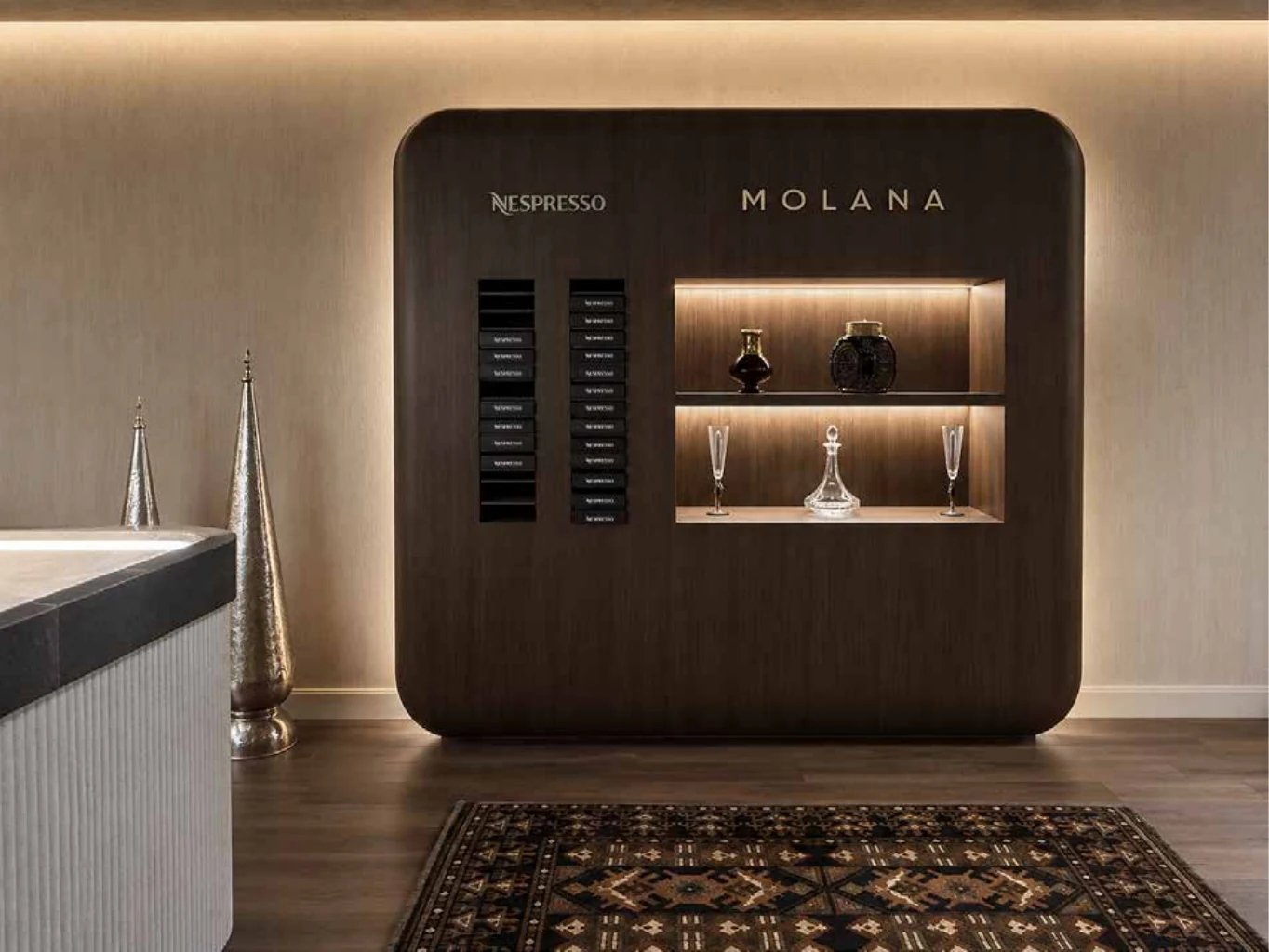 Central display joinery with brand lettering