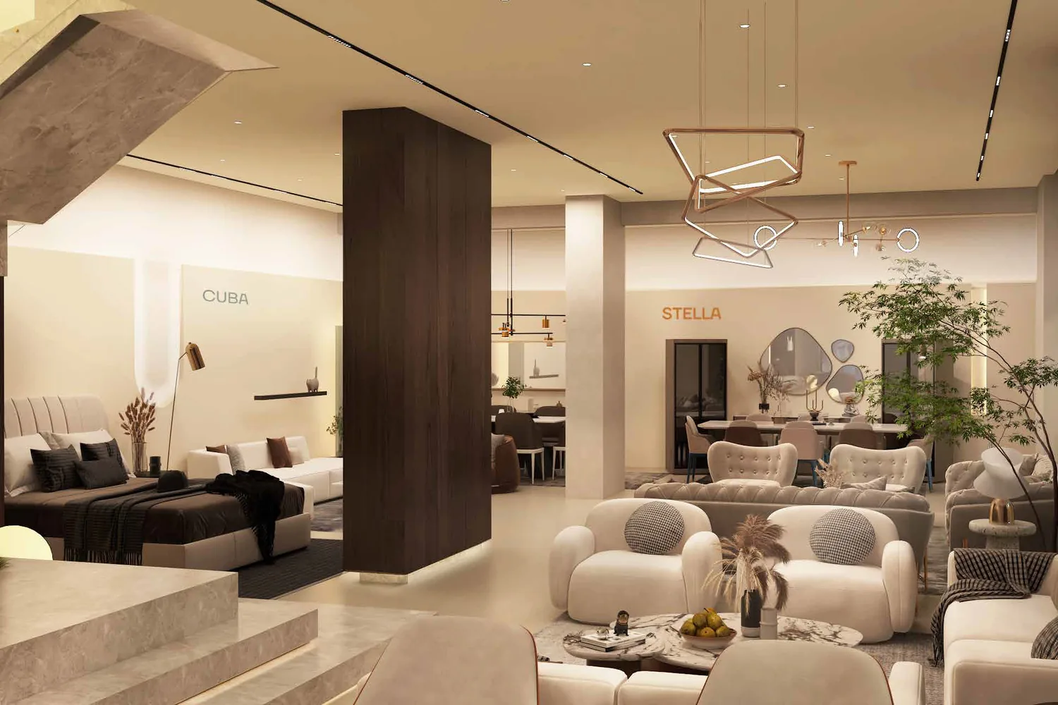 Open showroom floor with layered seating groups