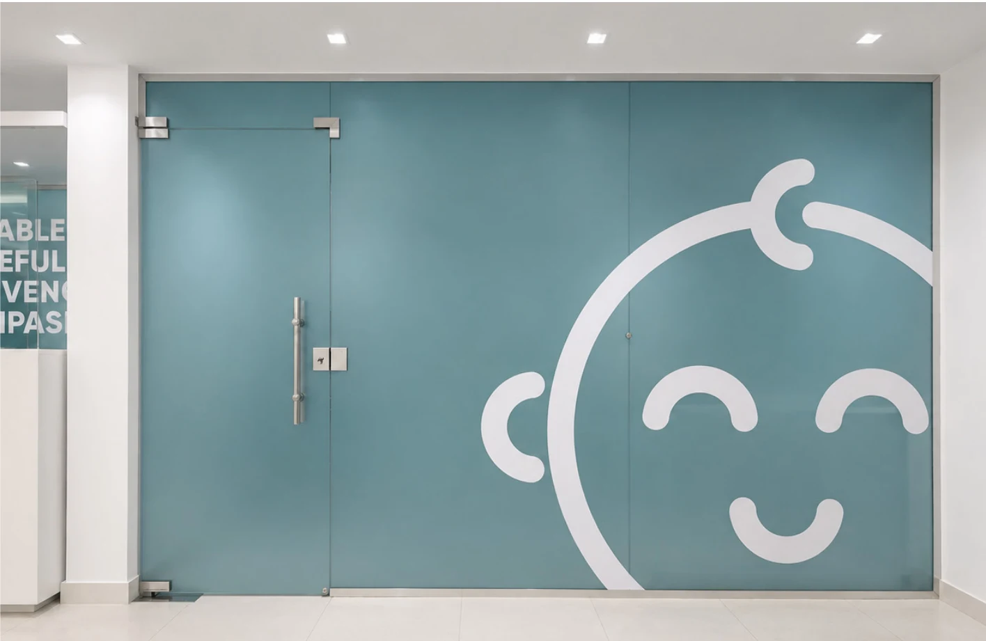 Teal glass partition with the oversized smiling baby graphic