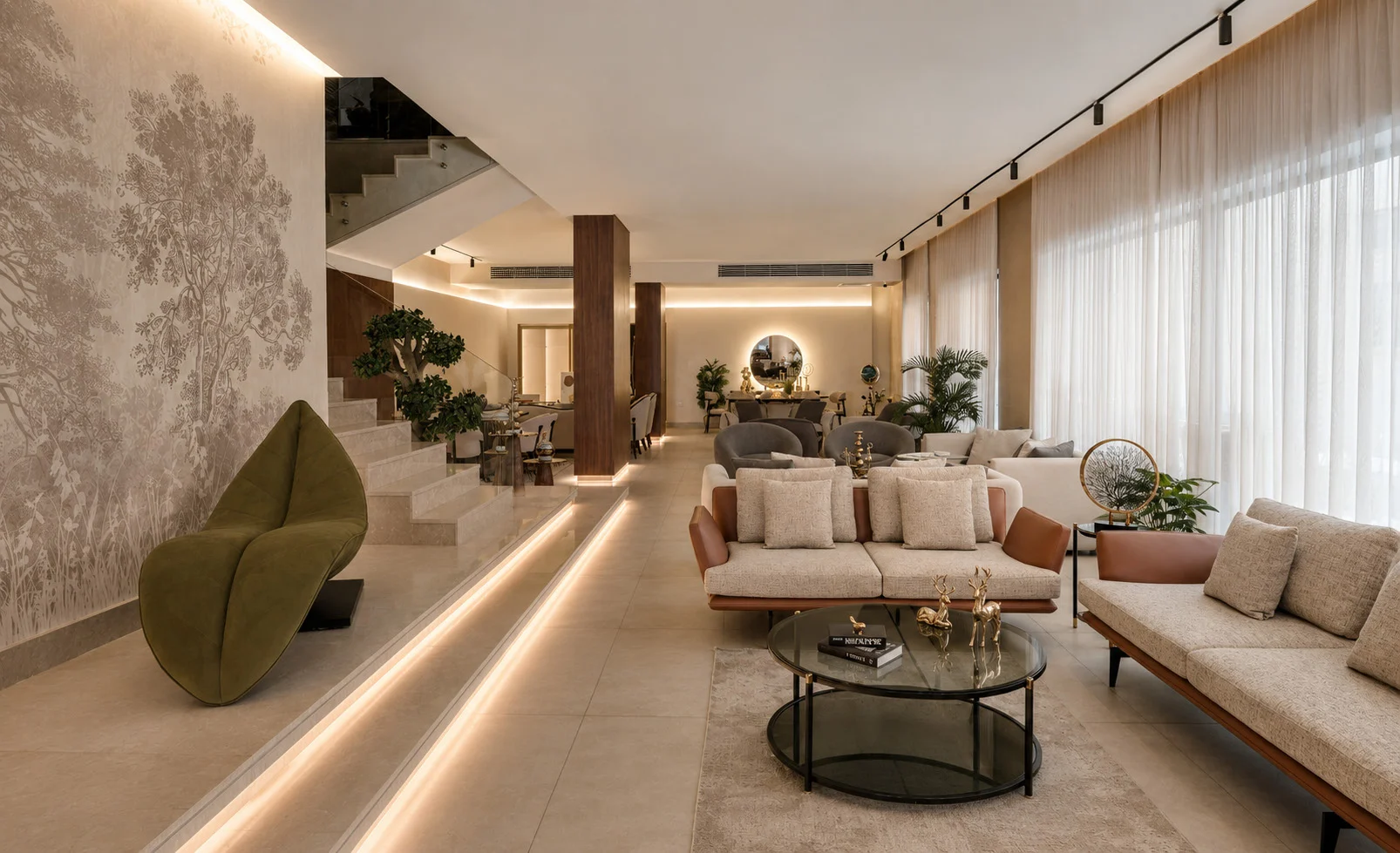 Showroom living scene with sofas, coffee table and cove lighting