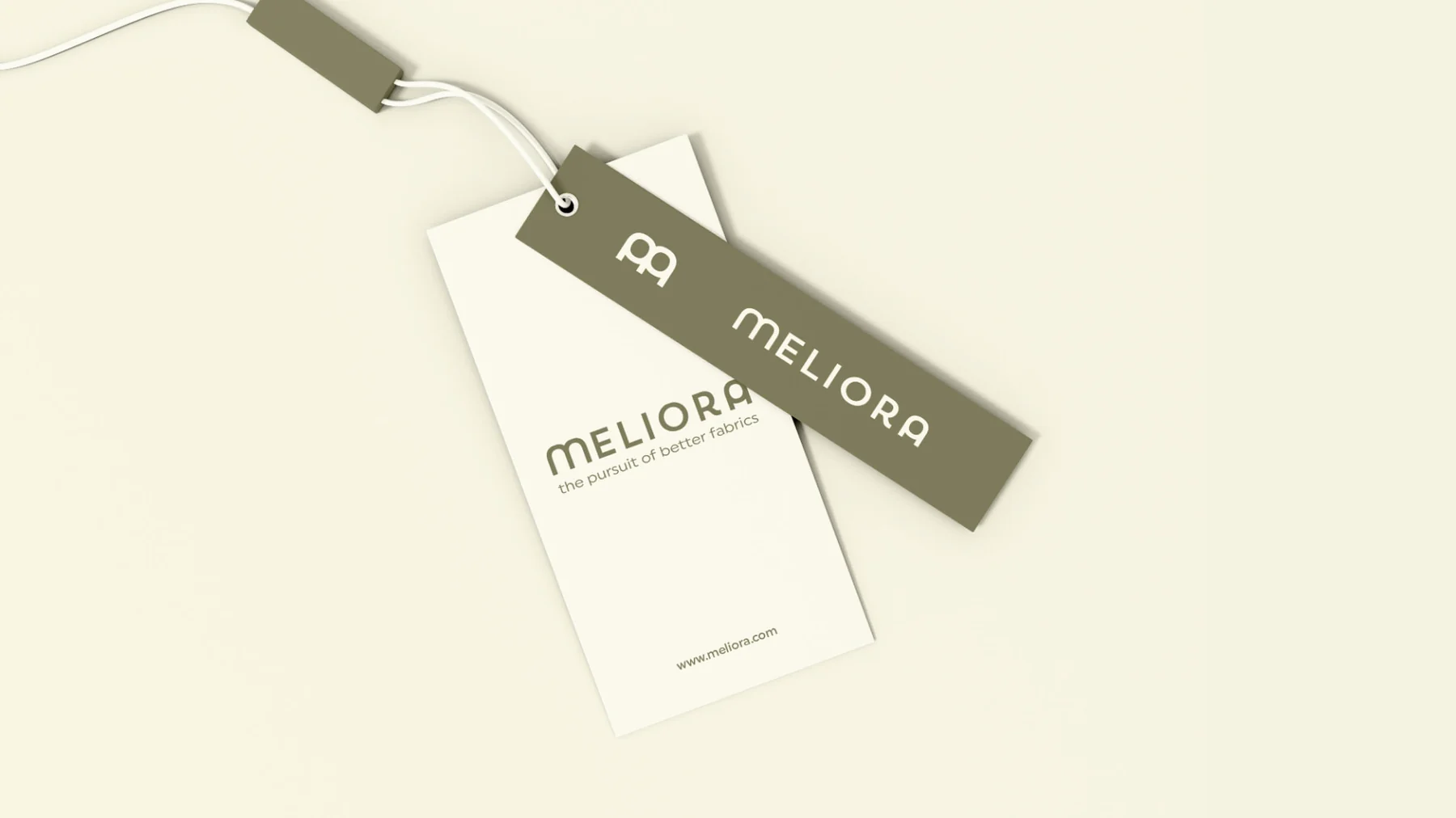 Meliora swing tags in olive and cream