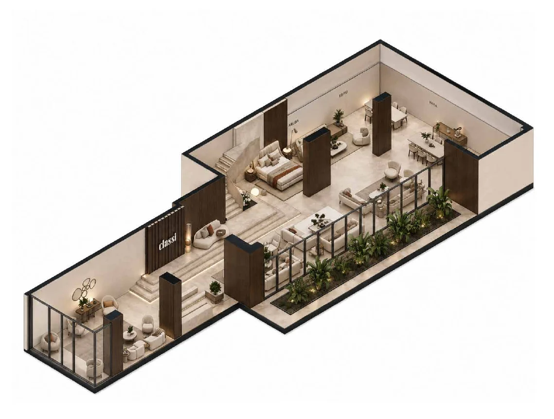 Isometric 3D cutaway of the Classi showroom layout