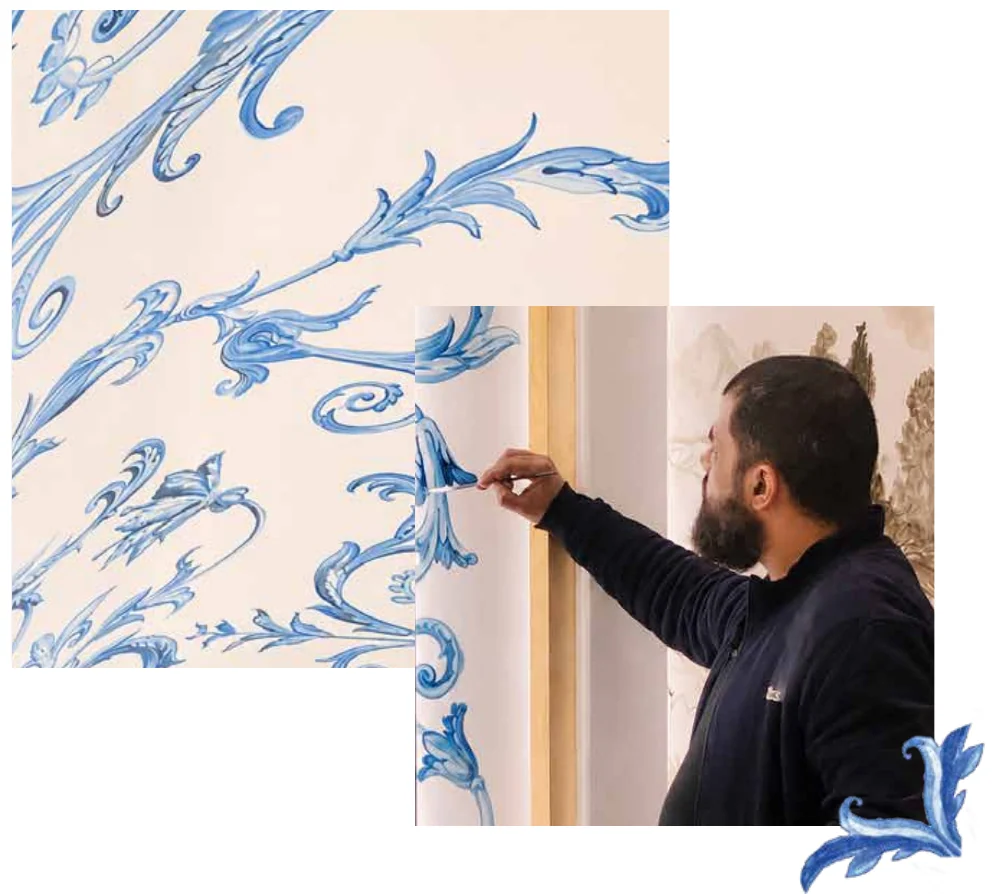 Hand-painted botanical pattern applied to the restaurant walls