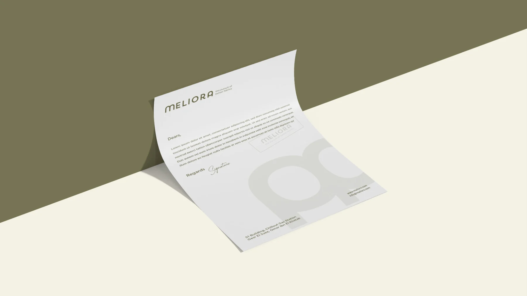 Meliora letterhead on an olive and cream backdrop