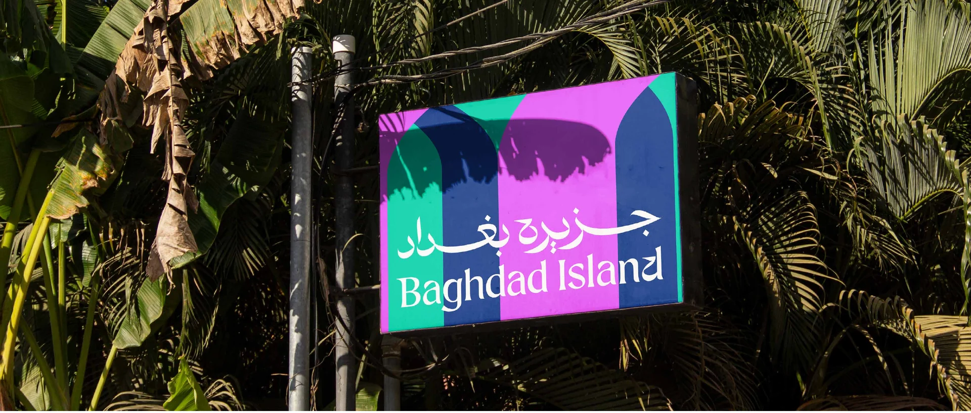 Illuminated island sign among palms at night