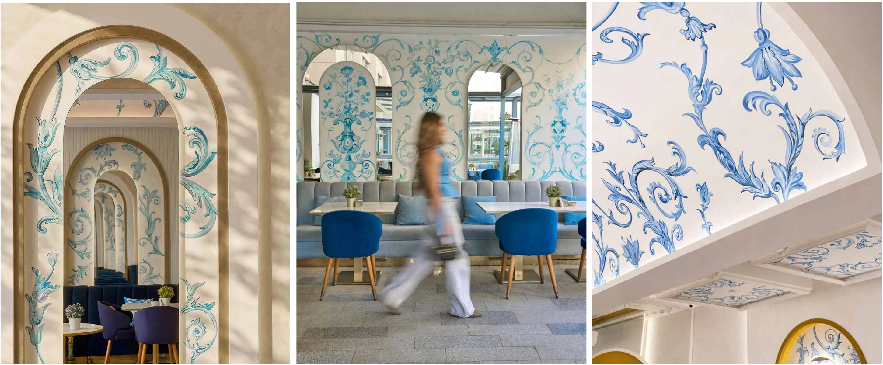 Hareer interior details: arched corridor, patterned wall and painted ceiling