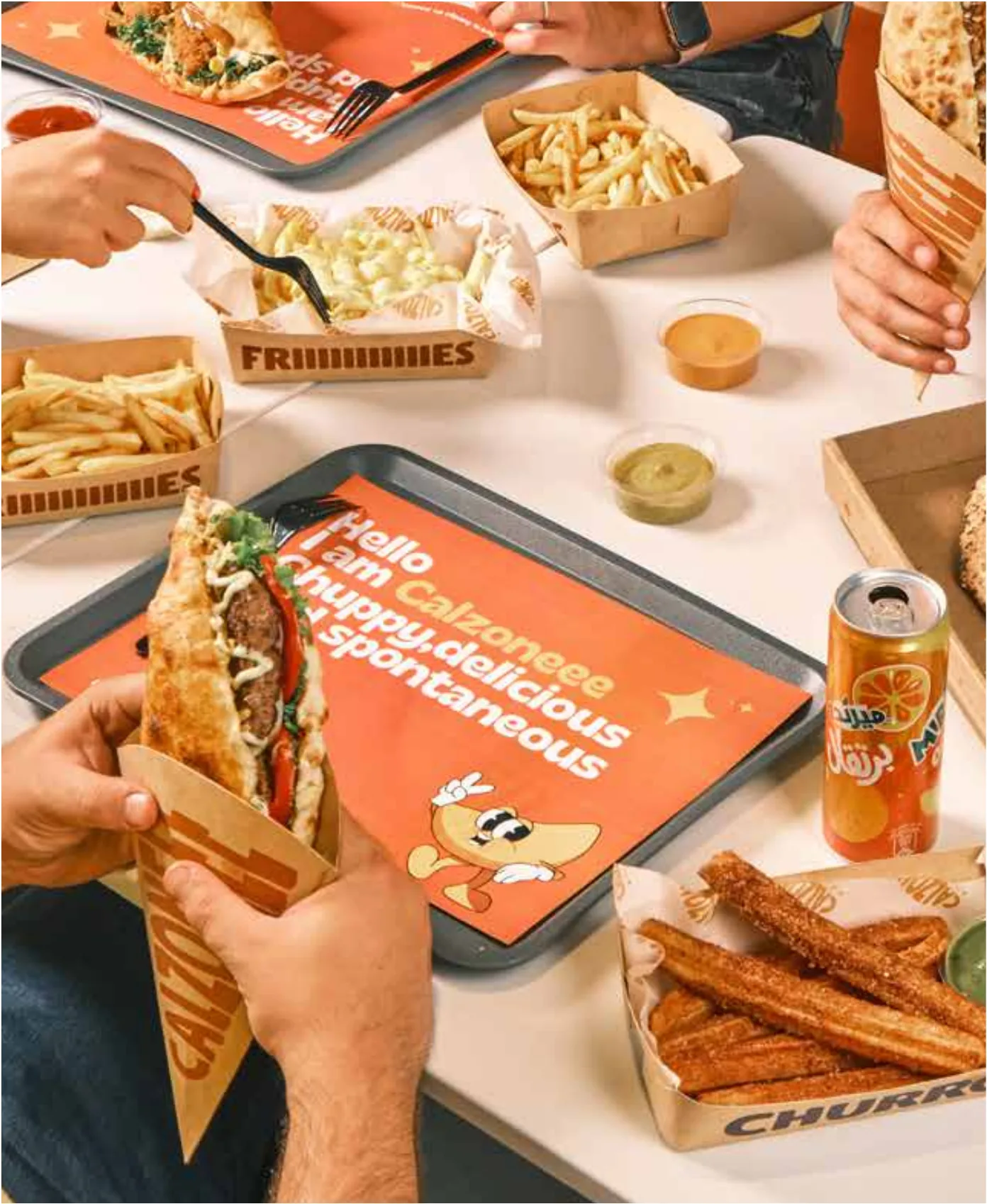 Tray of calzones with branded packaging