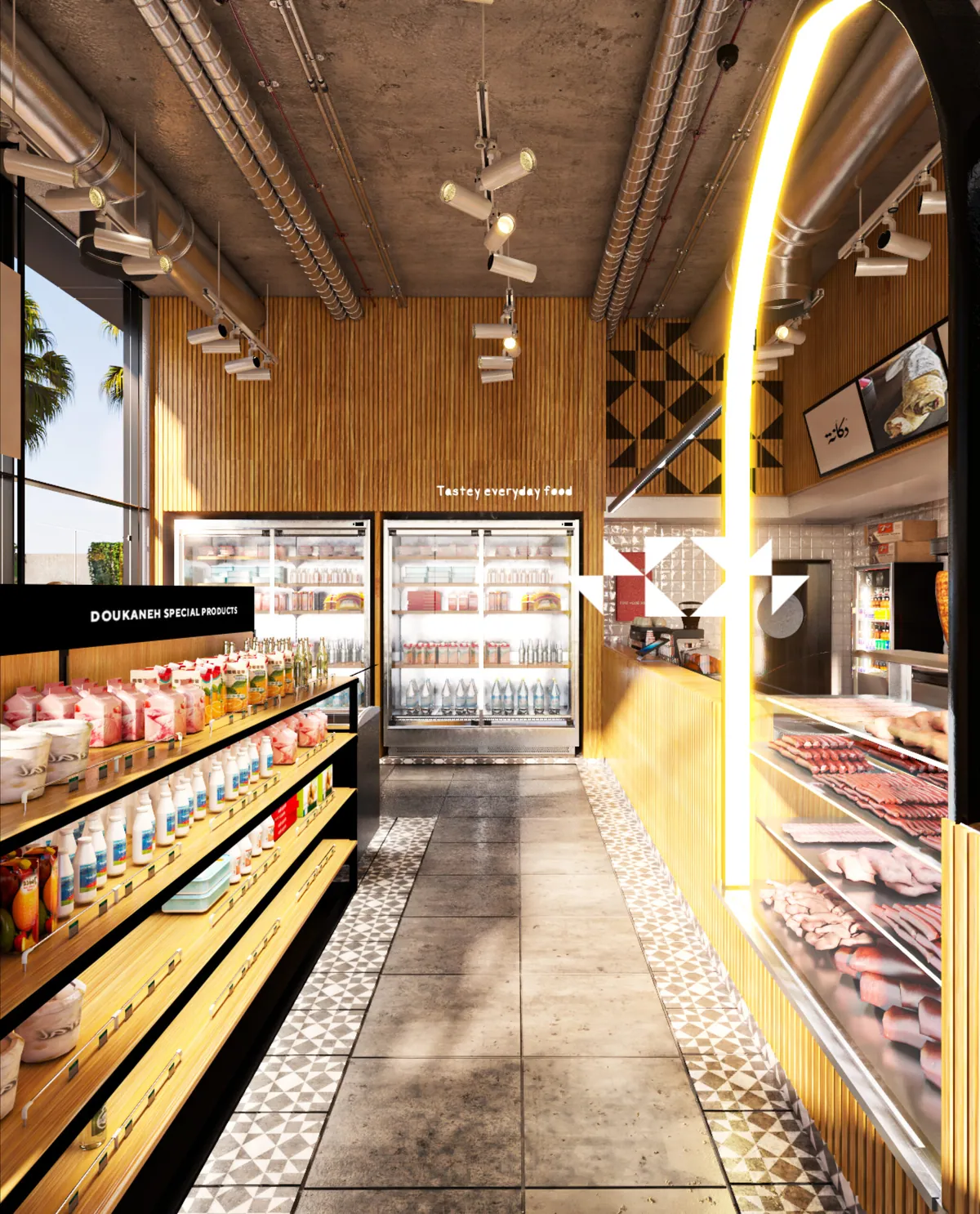 Dokaneh interior render — vertical view